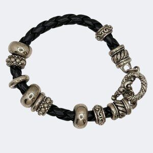 Vintage Black Braided Leather Bracelet with Silver-Tone Beads & Toggle Clasp